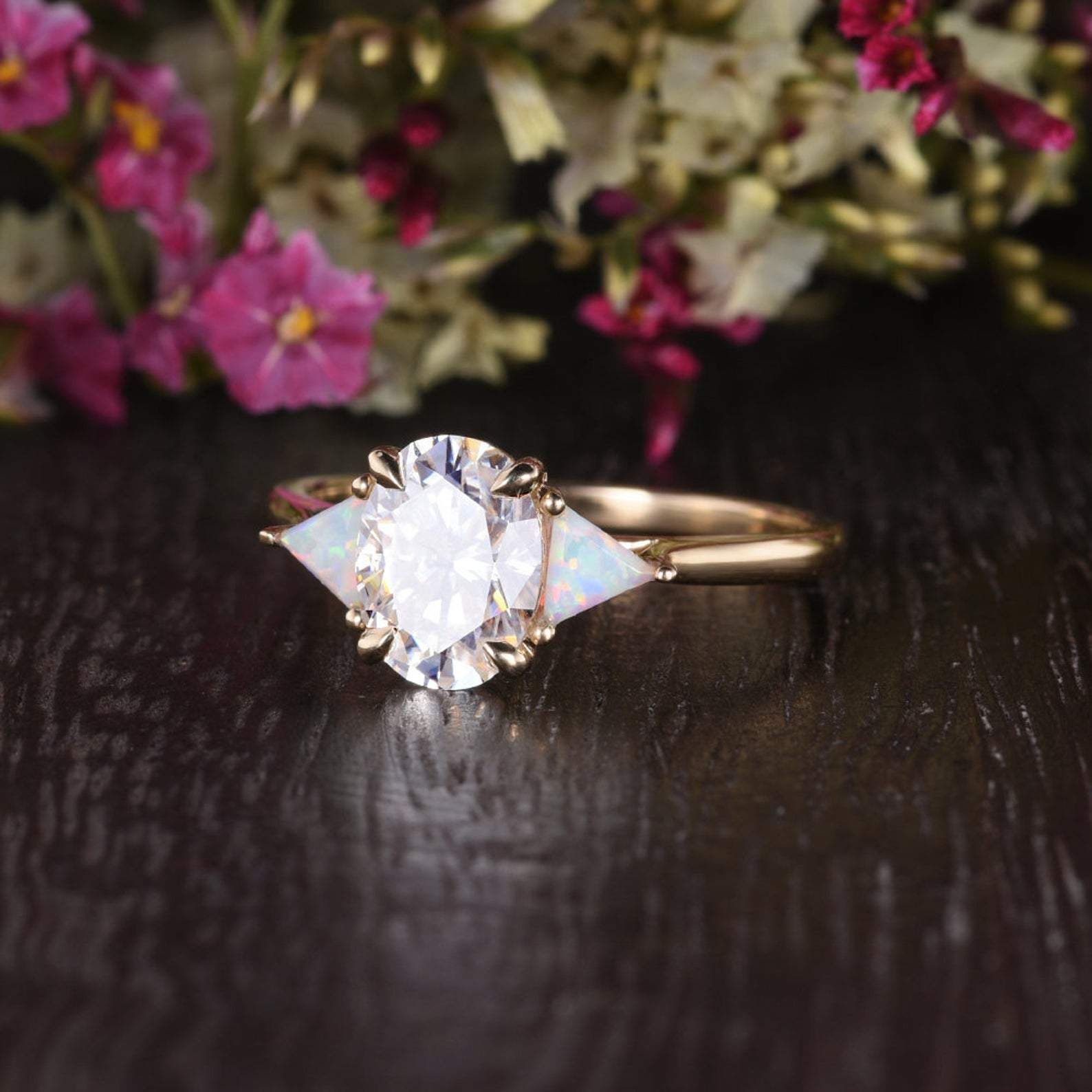 Engagement Rings Kuwait  Oval Cut Moissanite &amp; Opal Engagement Ring, Edwardian Design