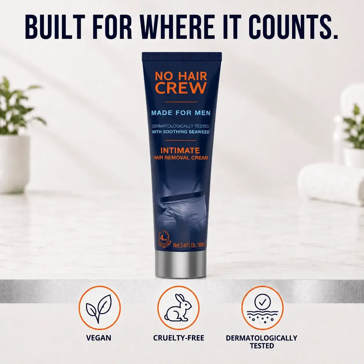 No Hair Crew INTIMATE Hair Removal Cream for Men - Gentle Foam Formula, 100ml, Dermatologically Tested, Fast Action, Body Care Cosmetic