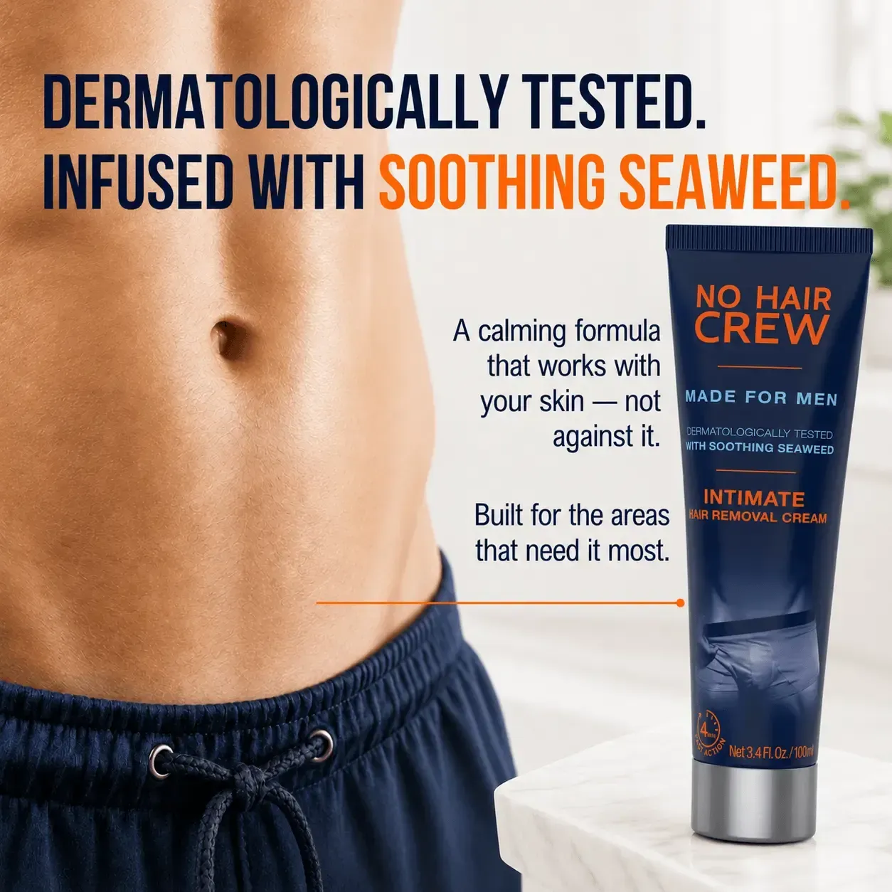 No Hair Crew INTIMATE Hair Removal Cream for Men - Gentle Foam Formula, 100ml, Dermatologically Tested, Fast Action, Body Care Cosmetic