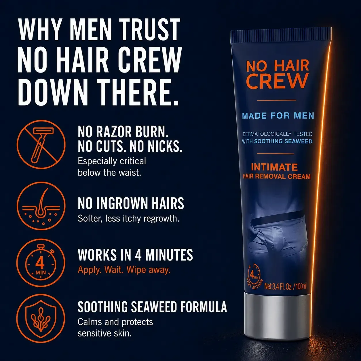 No Hair Crew INTIMATE Hair Removal Cream for Men - Gentle Foam Formula, 100ml, Dermatologically Tested, Fast Action, Body Care Cosmetic