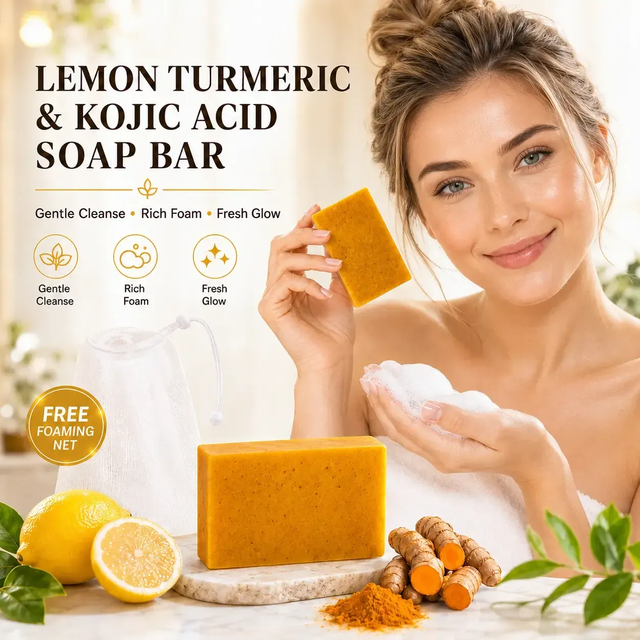 Lemon Turmeric Kojic Acid Soap Bar for Face & Body, Daily Brightening Cleanser for Smoother Radiant Skin, Gentle Citrus Scent for All Skin Types, 100g Bar with Soap Bag, Body Care, Spa At Home