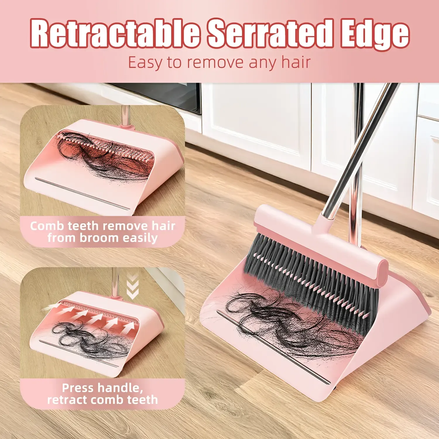 KZKR Pink Broom and Dustpan Set – Built-in Comb Teeth to Remove Hair, Pet Hair Remover Broom, Ergonomic Indoor & Outdoor Sweeping Kit Extendable Self-Cleaning Broom Set Household Cleaning Tool bedroom broom