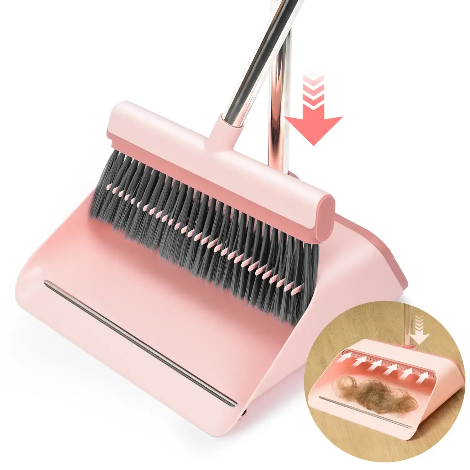 KZKR Pink Broom and Dustpan Set – Built-in Comb Teeth to Remove Hair, Pet Hair Remover Broom, Ergonomic Indoor & Outdoor Sweeping Kit Extendable Self-Cleaning Broom Set Household Cleaning Tool bedroom broom