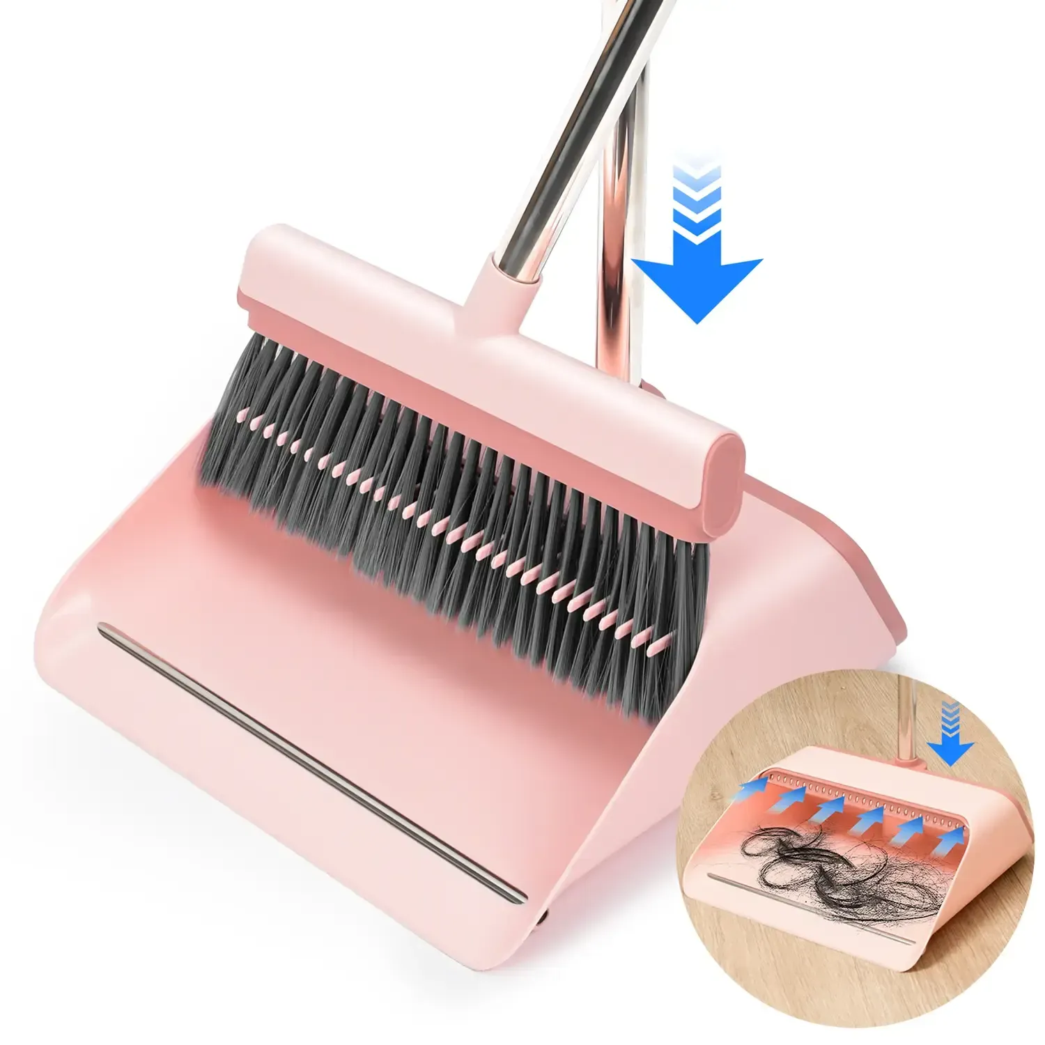 KZKR Pink Broom and Dustpan Set – Built-in Comb Teeth to Remove Hair, Pet Hair Remover Broom, Ergonomic Indoor & Outdoor Sweeping Kit Extendable Self-Cleaning Broom Set Household Cleaning Tool bedroom broom