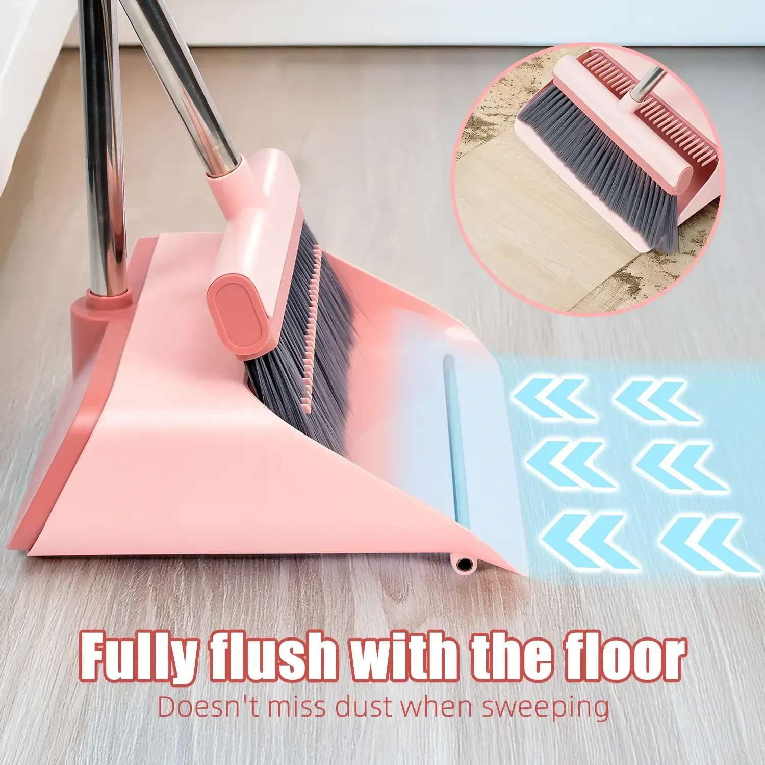 KZKR Pink Broom and Dustpan Set – Built-in Comb Teeth to Remove Hair, Pet Hair Remover Broom, Ergonomic Indoor & Outdoor Sweeping Kit Extendable Self-Cleaning Broom Set Household Cleaning Tool bedroom broom