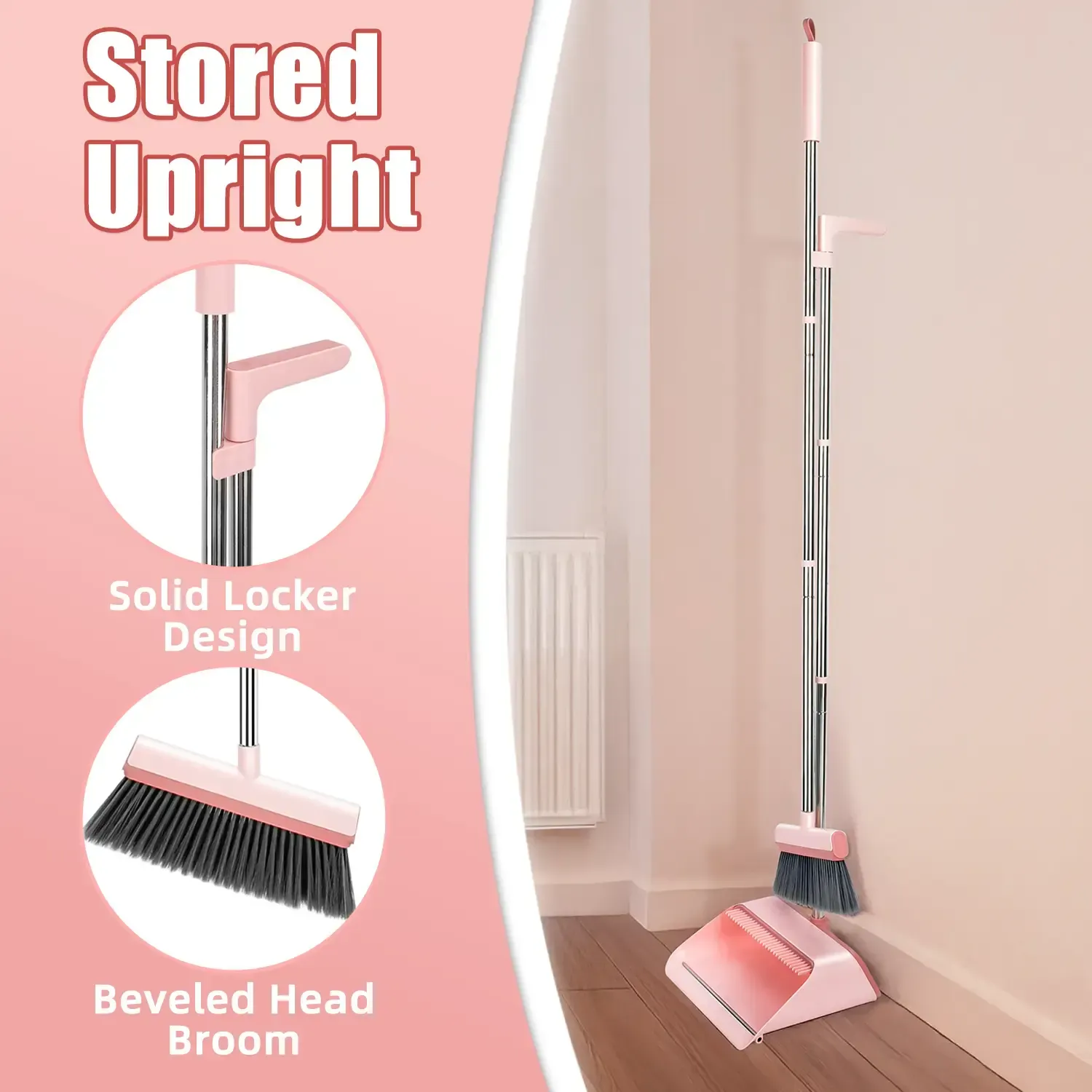 KZKR Pink Broom and Dustpan Set – Built-in Comb Teeth to Remove Hair, Pet Hair Remover Broom, Ergonomic Indoor & Outdoor Sweeping Kit Extendable Self-Cleaning Broom Set Household Cleaning Tool bedroom broom