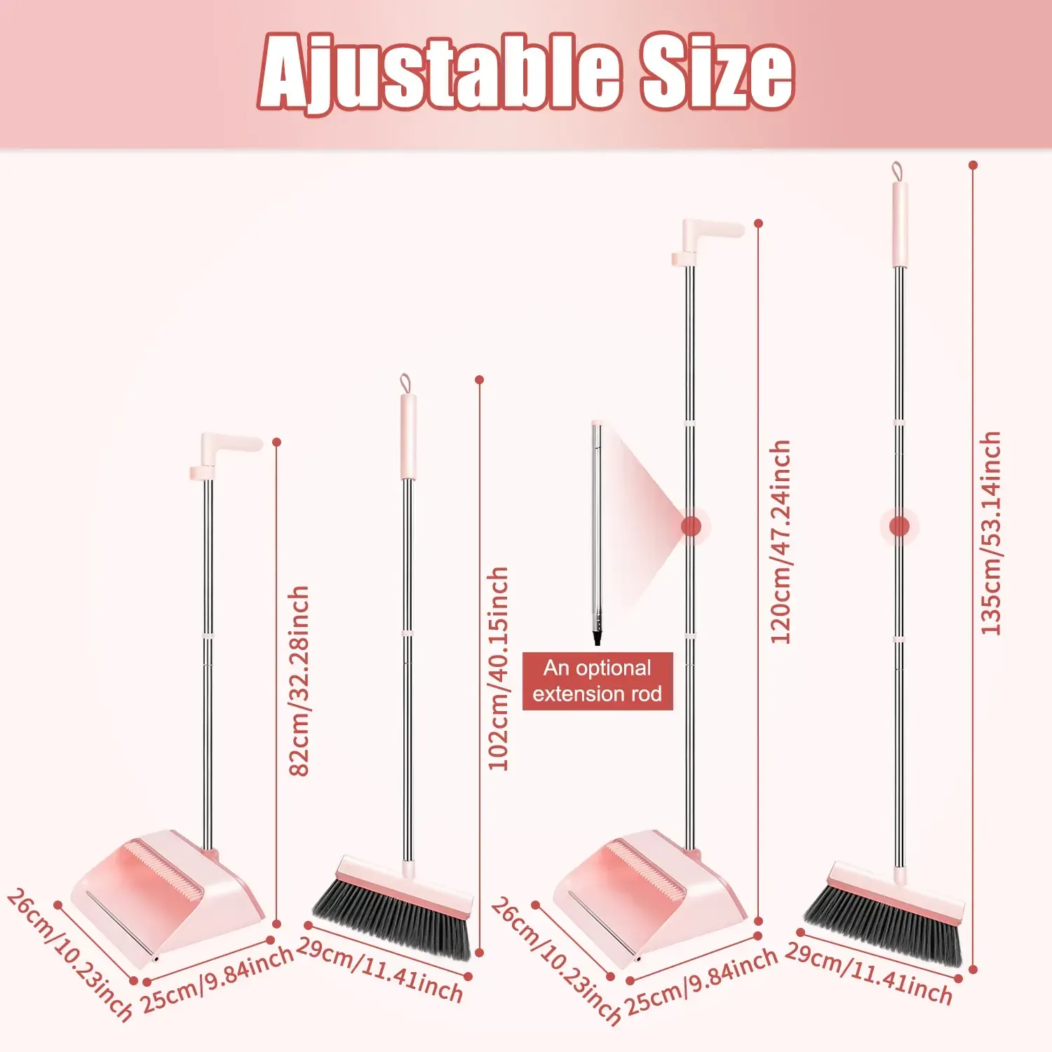KZKR Pink Broom and Dustpan Set – Built-in Comb Teeth to Remove Hair, Pet Hair Remover Broom, Ergonomic Indoor & Outdoor Sweeping Kit Extendable Self-Cleaning Broom Set Household Cleaning Tool bedroom broom