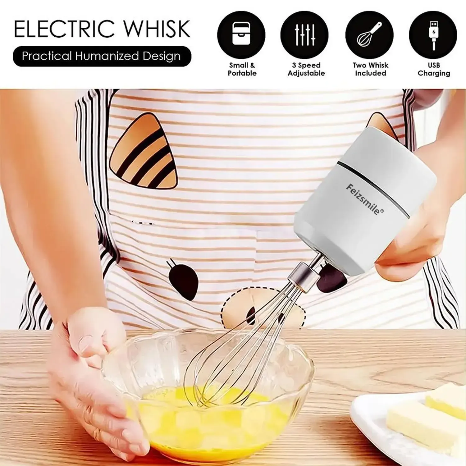 Electric Hand Whisk, Handheld Mixer, USB Rechargeable Cordless Kitchen Mixer for Baking and Mixing, Portable Multifunctional Egg Beater