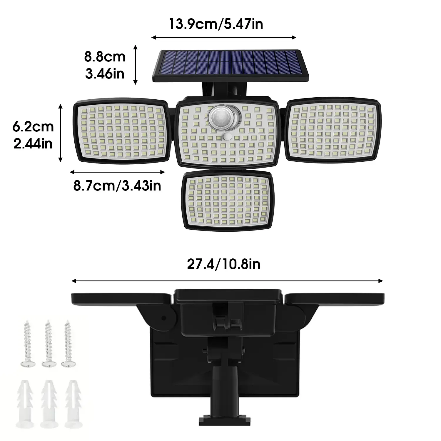 Hoodink Solar Outdoor Lights 4500LM 306LED Security Lights with Remote Control, 4 Heads Motion Sensor Lights, IP65 Waterproof, Easy Install, 270°Wide Angle Flood Wall Light with 3 Modes for Backyard Yard