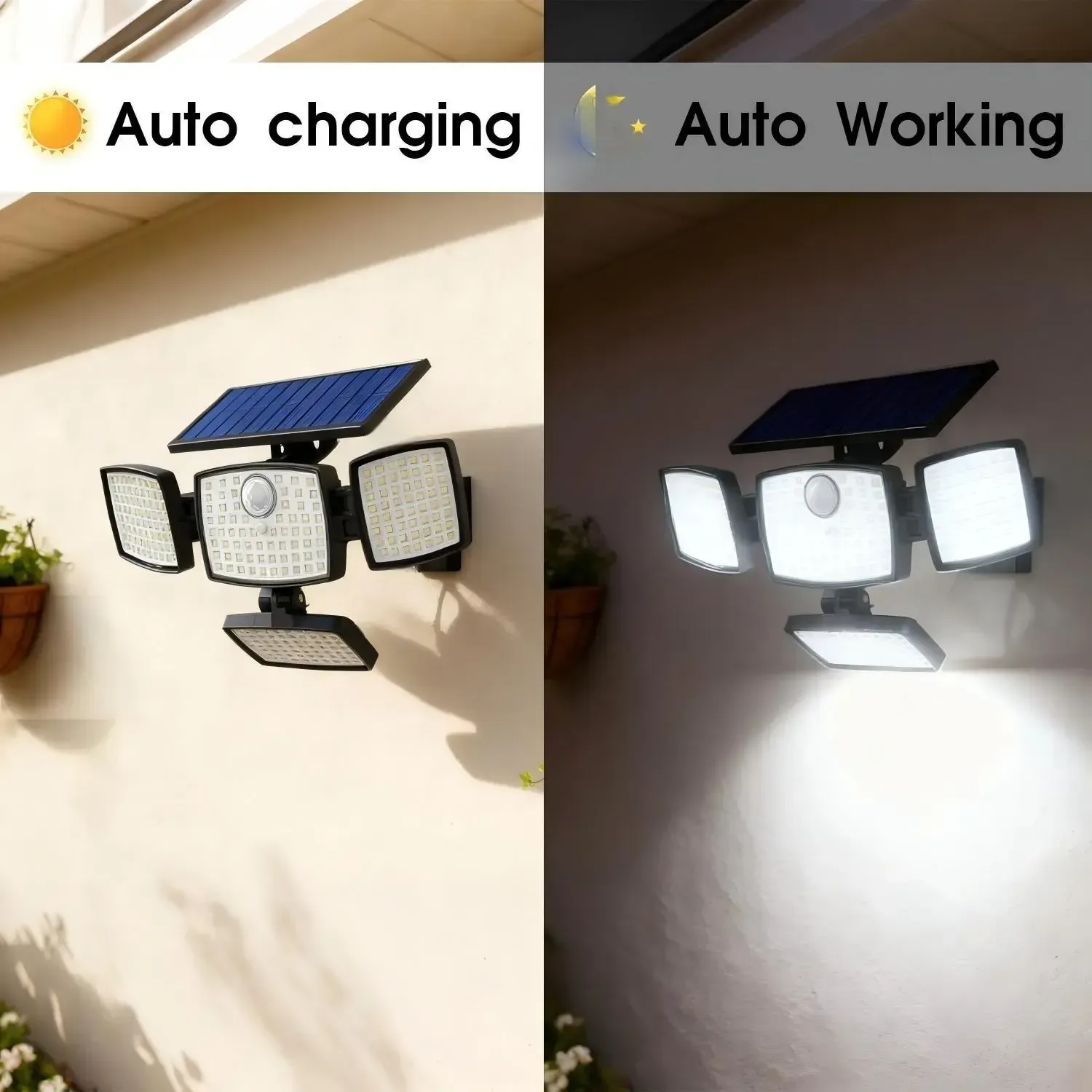 Hoodink Solar Outdoor Lights 4500LM 306LED Security Lights with Remote Control, 4 Heads Motion Sensor Lights, IP65 Waterproof, Easy Install, 270°Wide Angle Flood Wall Light with 3 Modes for Backyard Yard