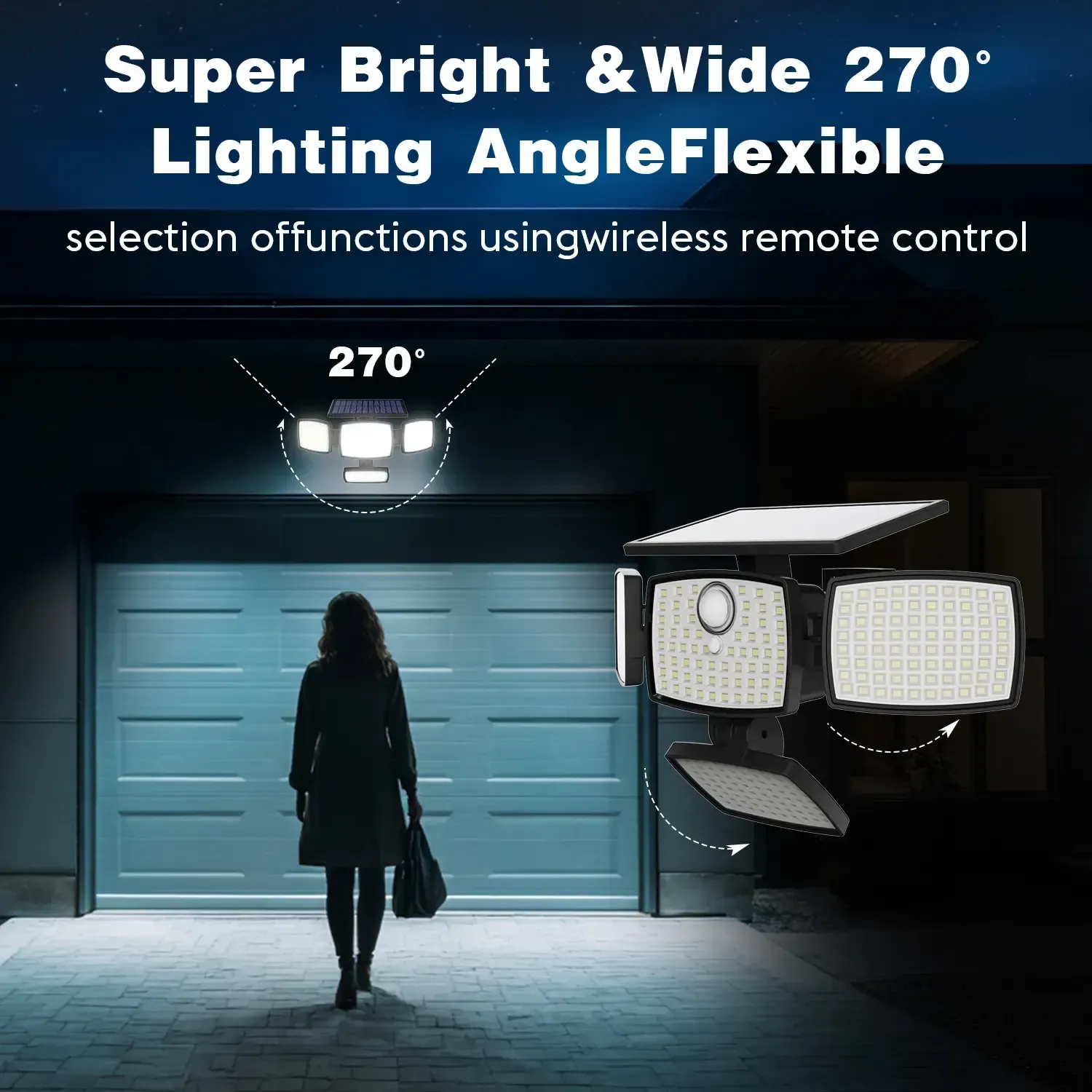 Hoodink Solar Outdoor Lights 4500LM 306LED Security Lights with Remote Control, 4 Heads Motion Sensor Lights, IP65 Waterproof, Easy Install, 270°Wide Angle Flood Wall Light with 3 Modes for Backyard Yard