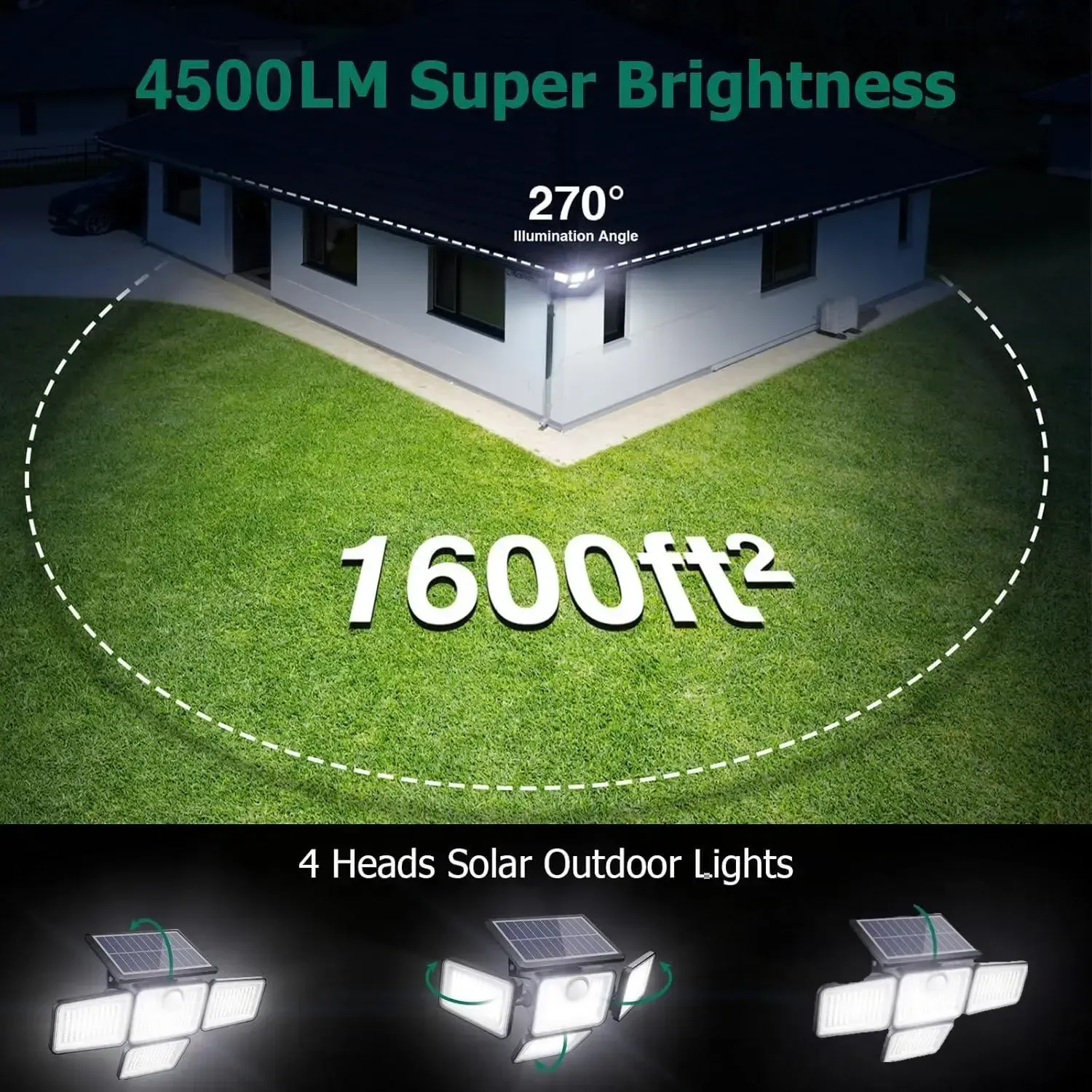 Hoodink Solar Outdoor Lights 4500LM 306LED Security Lights with Remote Control, 4 Heads Motion Sensor Lights, IP65 Waterproof, Easy Install, 270°Wide Angle Flood Wall Light with 3 Modes for Backyard Yard