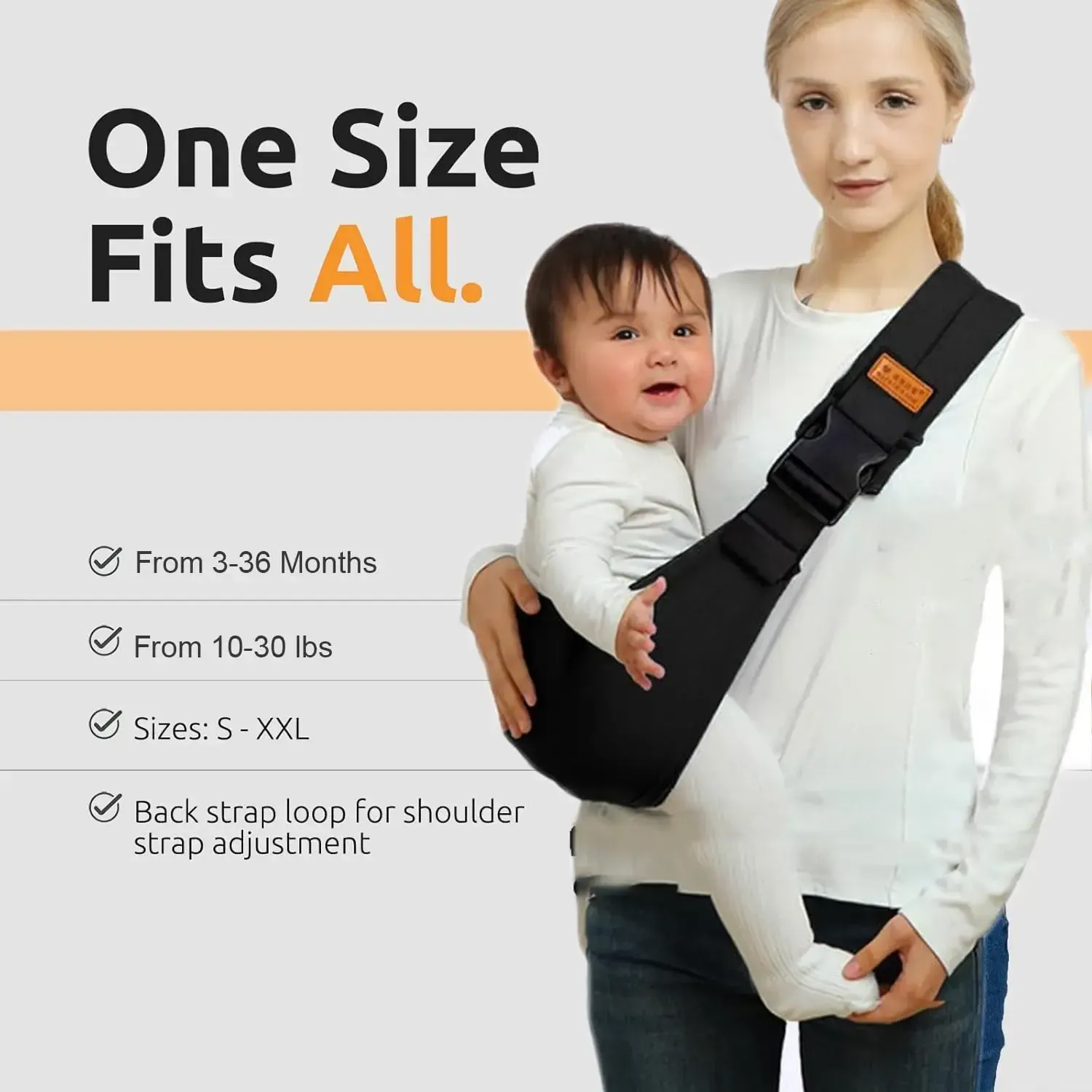 Baby Sling Carrier for Infants and Toddlers 6-36 Months (10-30 lbs), Lightweight & Breathable Cotton Hip Shoulder Carrier-Adjustable, Easy-to-Wear Side & Front Carry Toddler Sling (Black)