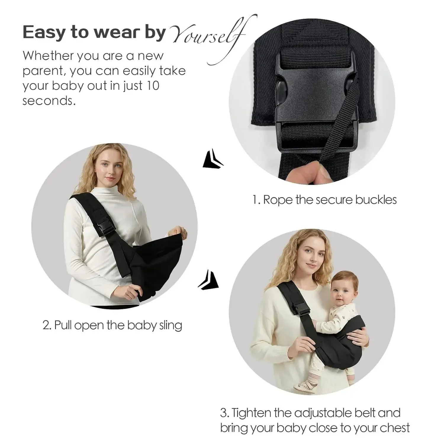 Baby Sling Carrier for Infants and Toddlers 6-36 Months (10-30 lbs), Lightweight & Breathable Cotton Hip Shoulder Carrier-Adjustable, Easy-to-Wear Side & Front Carry Toddler Sling (Black)