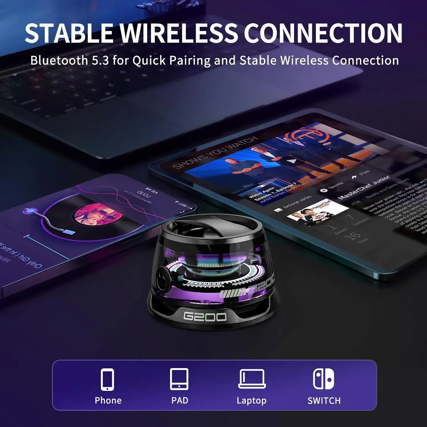 G200 Magnetic Bluetooth Speaker with RGB Light, 40mm Drivers, Bluetooth 5.3,Portable for Travel & C amping Adjustable Sound Volume