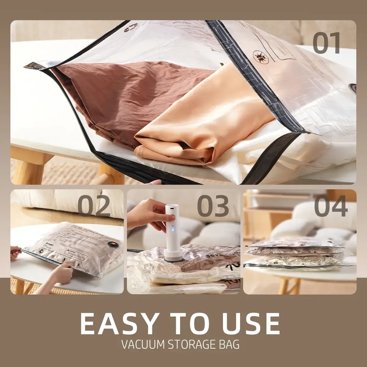 Travel Vacuum Seal Storage Bags with USB Rechargeable Electric Pump - Durable, Lightweight Multi-Sizes Organizer, Compact Space Saver, Grab-and-Go Storage for Garment, Outdoor Camping