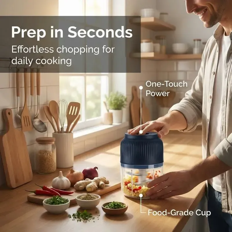Electric Garlic Chopper4 Sharp BladesPortable Veggie Chopper300ML Garlic Grinder Masher Onion Chopper, Blender to Vegetable, Cordless Food Processor for Ginger, Chili, Fruit, Meat, Spices, Beans, etc