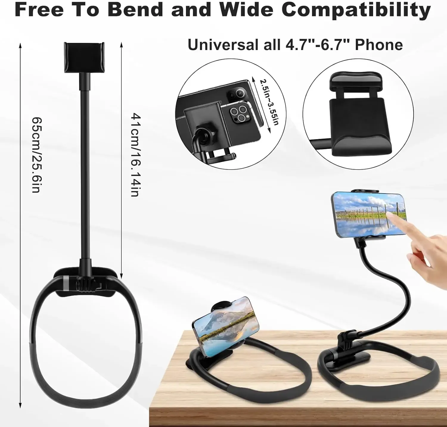 Neck Phone Holder 16 Flexible Gooseneck Magnetic Lock Hands-Free Stand for Bed DeskTravel Fits 4-7 Phones | Live Streaming  Vlogging Mount Cellphone Smartphone Grip Black US Silicone Adjustable Selfie Stick Stabilizer Multifunctional Selfie