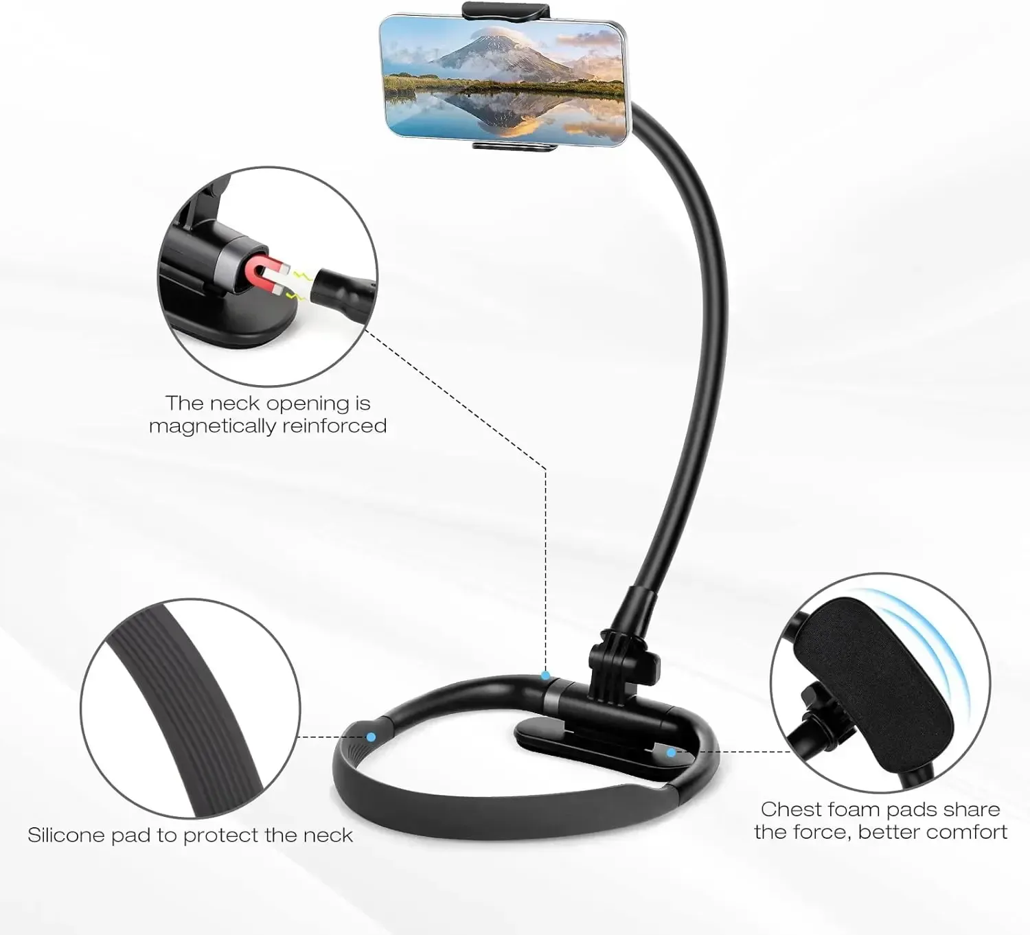 Neck Phone Holder 16 Flexible Gooseneck Magnetic Lock Hands-Free Stand for Bed DeskTravel Fits 4-7 Phones | Live Streaming  Vlogging Mount Cellphone Smartphone Grip Black US Silicone Adjustable Selfie Stick Stabilizer Multifunctional Selfie
