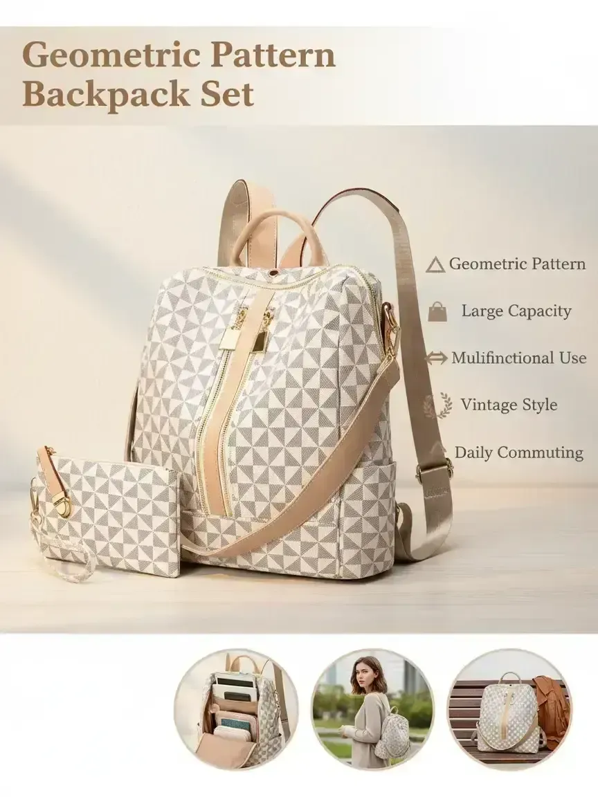 Fashionable Geometric Pattern Backpack & Wallet Set, Large Capacity Vintage Multifunctional Backpack, Versatile High-quality Daily Commuting Bag Set, Purse Backpack Combo, Backpack Plus Purse Combo