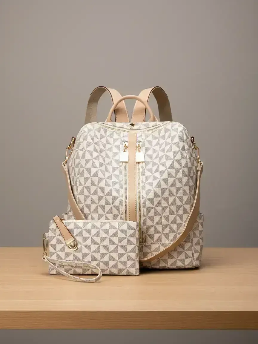 Fashionable Geometric Pattern Backpack & Wallet Set, Large Capacity Vintage Multifunctional Backpack, Versatile High-quality Daily Commuting Bag Set, Purse Backpack Combo, Backpack Plus Purse Combo