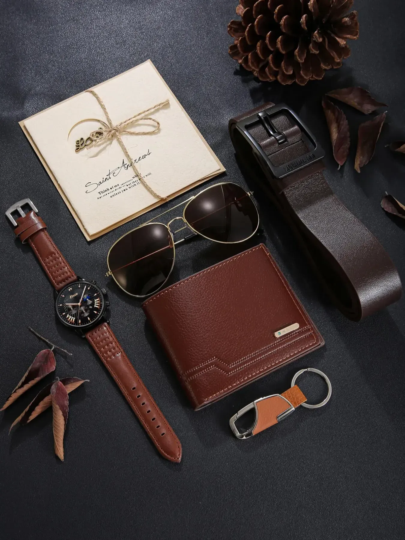 Men's Business Fashion Casual Watch Gift Set, Includes Watch, Wallet, Sunglasses, Keychain, Cuffli