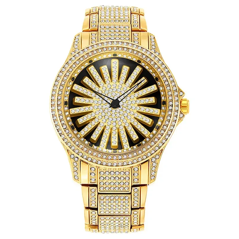 Men's Diamond - Encrusted Gold Watch, Business Quartz Chronograph with RotatingDiamond Dial, Sparkling Effect, WaterResistant, Party Daily Wear Birthday Gift (With Box)