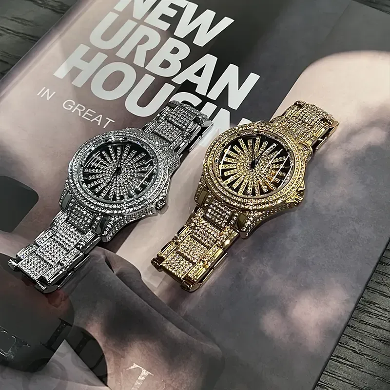 Men's Diamond - Encrusted Gold Watch, Business Quartz Chronograph with RotatingDiamond Dial, Sparkling Effect, WaterResistant, Party Daily Wear Birthday Gift (With Box)