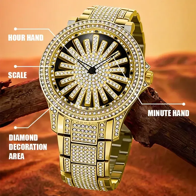 Men's Diamond - Encrusted Gold Watch, Business Quartz Chronograph with RotatingDiamond Dial, Sparkling Effect, WaterResistant, Party Daily Wear Birthday Gift (With Box)