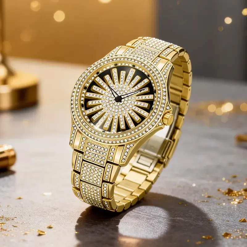 Men's Diamond - Encrusted Gold Watch, Business Quartz Chronograph with RotatingDiamond Dial, Sparkling Effect, WaterResistant, Party Daily Wear Birthday Gift (With Box)
