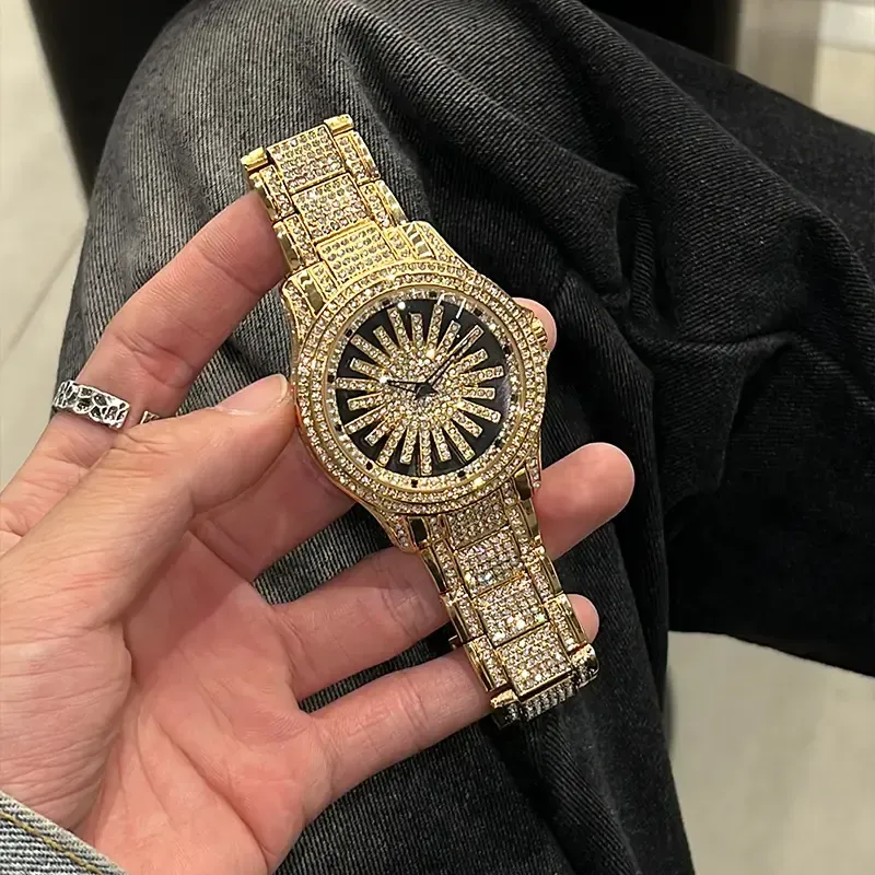 Men's Diamond - Encrusted Gold Watch, Business Quartz Chronograph with RotatingDiamond Dial, Sparkling Effect, WaterResistant, Party Daily Wear Birthday Gift (With Box)