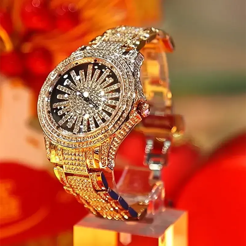 Men's Diamond - Encrusted Gold Watch, Business Quartz Chronograph with RotatingDiamond Dial, Sparkling Effect, WaterResistant, Party Daily Wear Birthday Gift (With Box)