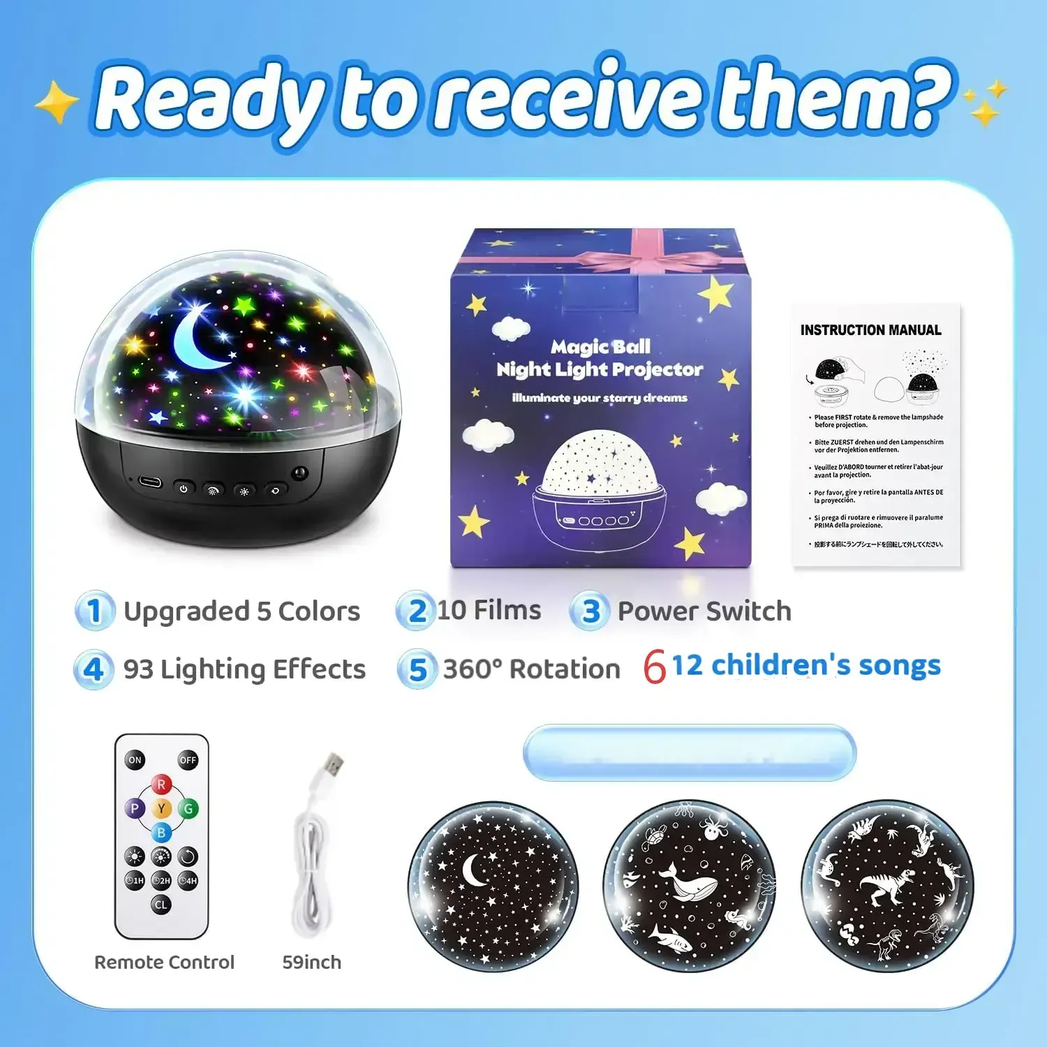 A gift that all children like. Children's night light 93 with 10 pieces of children's night light projectors, 12 children's songs, and a remote-controlled adjustable light star projector.