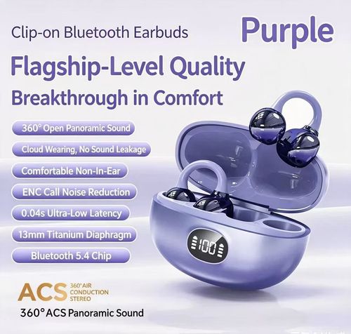 Clip-on Open Ear Bluetooth Earphones, ACS Air Conduction Stereo, ENC Call Noise Reduction Wireless Earbuds