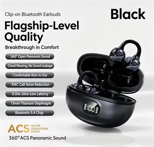 Clip-on Open Ear Bluetooth Earphones, ACS Air Conduction Stereo, ENC Call Noise Reduction Wireless Earbuds
