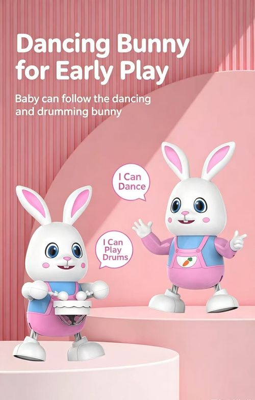 Cute Dancing Drumming Rabbit Toy! 20 Kids Songs, Colorful Lights, Swing & Dance. Lights can be turned off, eye-friendly for babies!