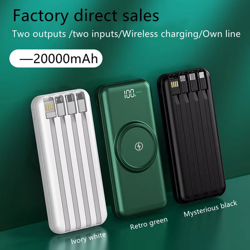 Hot Sale Green Black White Power Bank 10000 MAh 20000mah Wireless Charging Build in Cables Wireless Power Bank
