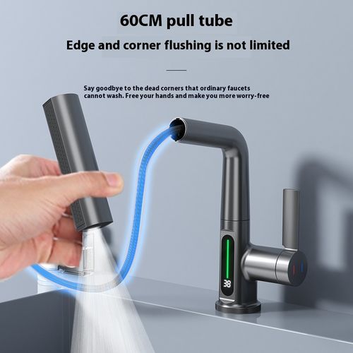 Popular digital display basin faucet hot and cold water bathroom household all-copper lift pull basin faucet