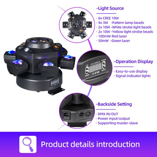 6 Arm Bee Eye DJ LED Strobe Disco Stage Light 150W RGBW Laser Party Light Wedding Theme Park Remote Control Beam Moving Head