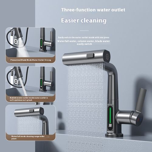 Popular digital display basin faucet hot and cold water bathroom household all-copper lift pull basin faucet