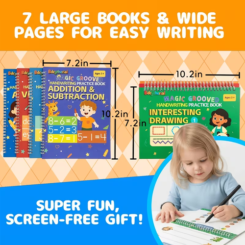 🔥(7 Books And 1 Pen) Magic 3D Grooved Practice Books📚, Reusable, Including Letters, Words, Numbers, And Drawing Exercises, a Fun Learning Activity Book Suitable for Children Aged Three And Above Sold by SY Vista Shop✨
