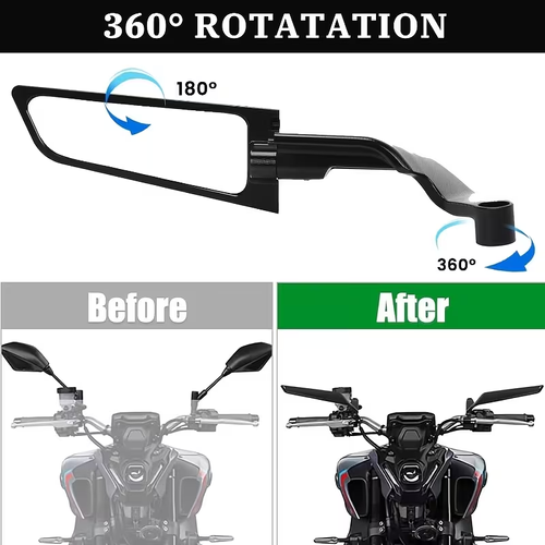 Motorcycle rearview mirror, adjustable and rotating rearview mirror, concealed wing side mirror