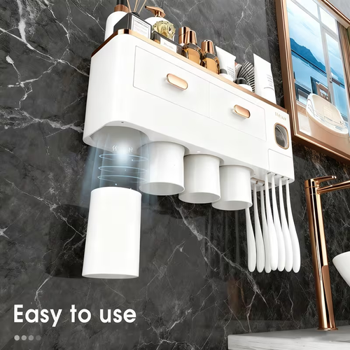 Mounted Toothbrush Holder with Toothpaste Dispenser, 4 Cups with Large Capacity Tray And Cosmetic Drawer, Bathroom Organizers And Storage Supplies