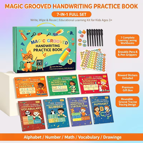 🔥(7 Books And 1 Pen) Magic 3D Grooved Practice Books📚, Reusable, Including Letters, Words, Numbers, And Drawing Exercises, a Fun Learning Activity Book Suitable for Children Aged Three And Above Sold by SY Vista Shop✨