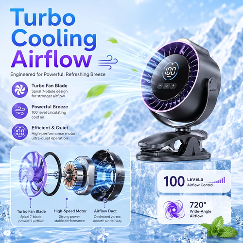 Portable Clip On Fan, 100-Speed Rechargeable USB Fan With LED Display, 360° Rotation & Strong Airflow Desk Fan, Up To 17Hours