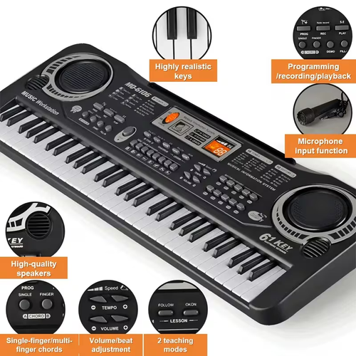61 Key Electronic Piano Keyboard Set With Built-in Mic & Printed Music Sheets | USB Power | Complete Beginner Kit For Home Use | Ideal Birthday Gift
