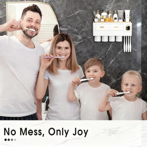Mounted Toothbrush Holder with Toothpaste Dispenser, 4 Cups with Large Capacity Tray And Cosmetic Drawer, Bathroom Organizers And Storage Supplies