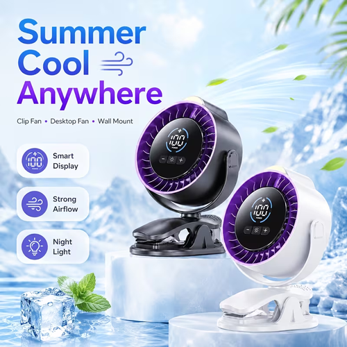 Portable Clip On Fan, 100-Speed Rechargeable USB Fan With LED Display, 360° Rotation & Strong Airflow Desk Fan, Up To 17Hours