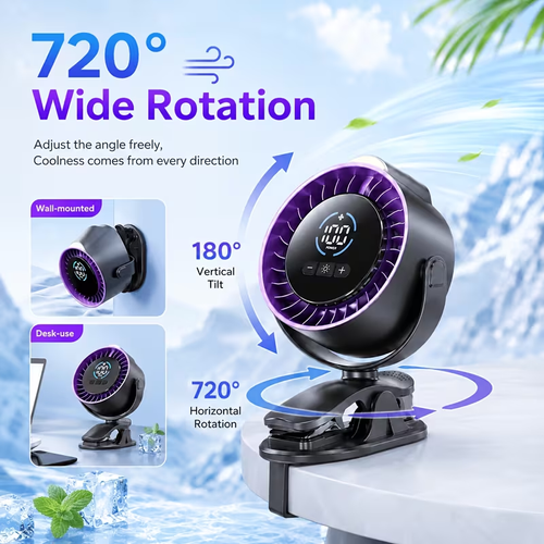 Portable Clip On Fan, 100-Speed Rechargeable USB Fan With LED Display, 360° Rotation & Strong Airflow Desk Fan, Up To 17Hours