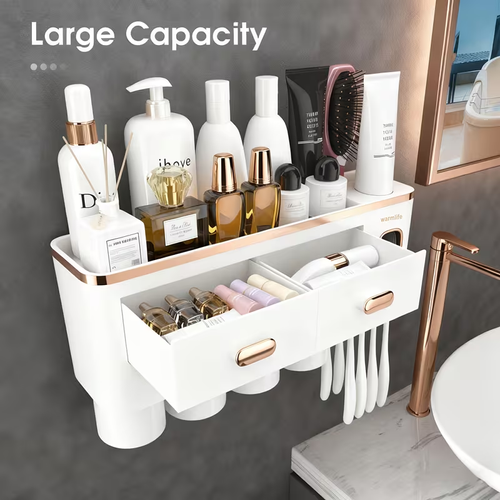 Mounted Toothbrush Holder with Toothpaste Dispenser, 4 Cups with Large Capacity Tray And Cosmetic Drawer, Bathroom Organizers And Storage Supplies